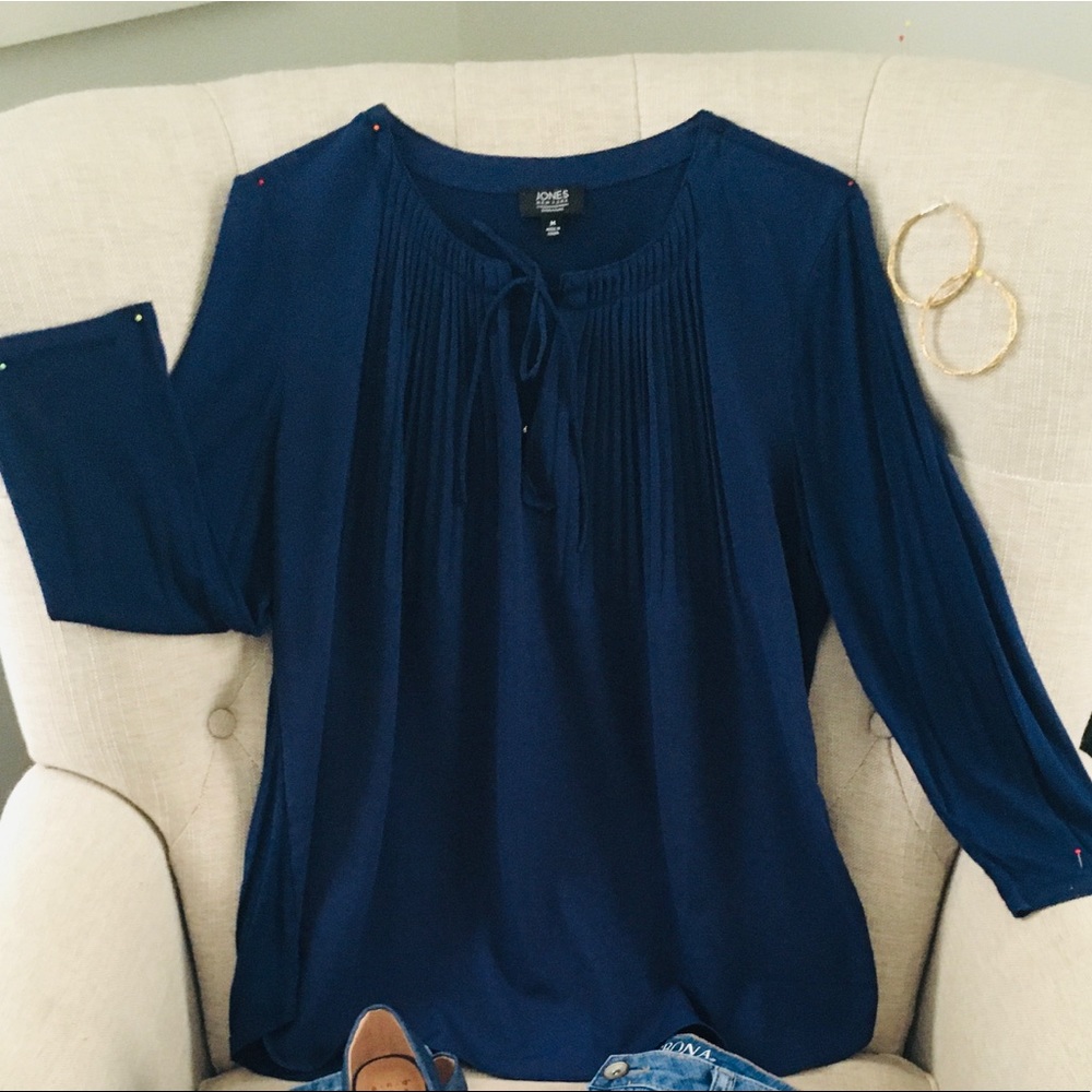 Jones New York Navy Accordion Pleated Blouse